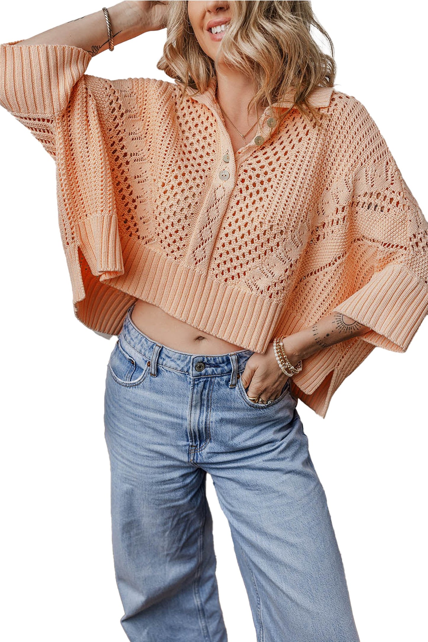 Apricot Pink Hollow Knit Sweater Cardigan