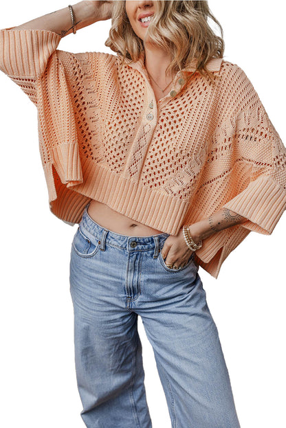 Apricot Pink Hollow Knit Sweater Cardigan