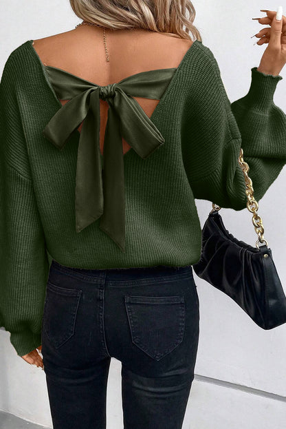 Red Lantern Sleeve Sweater With Bow Detail