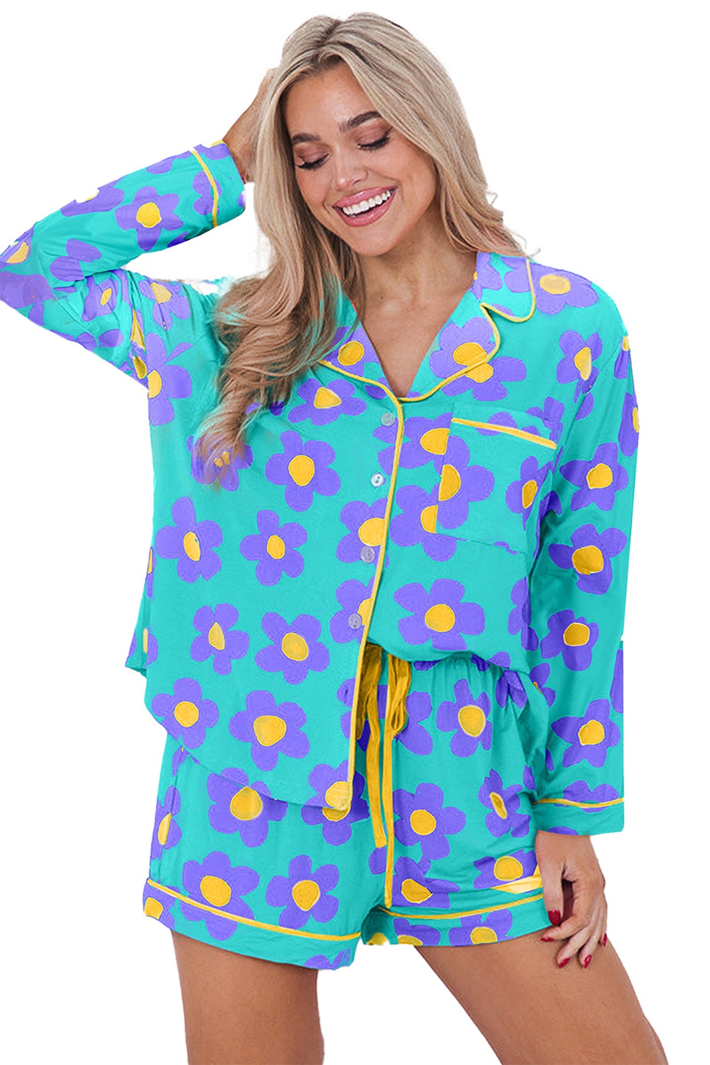 Green Flower Print Pajama Set For Cozy Nights