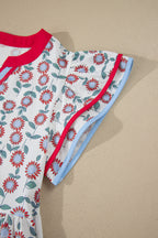 Sky Blue Floral Print Contrast Trim Flutter Sleeve Mini Dress