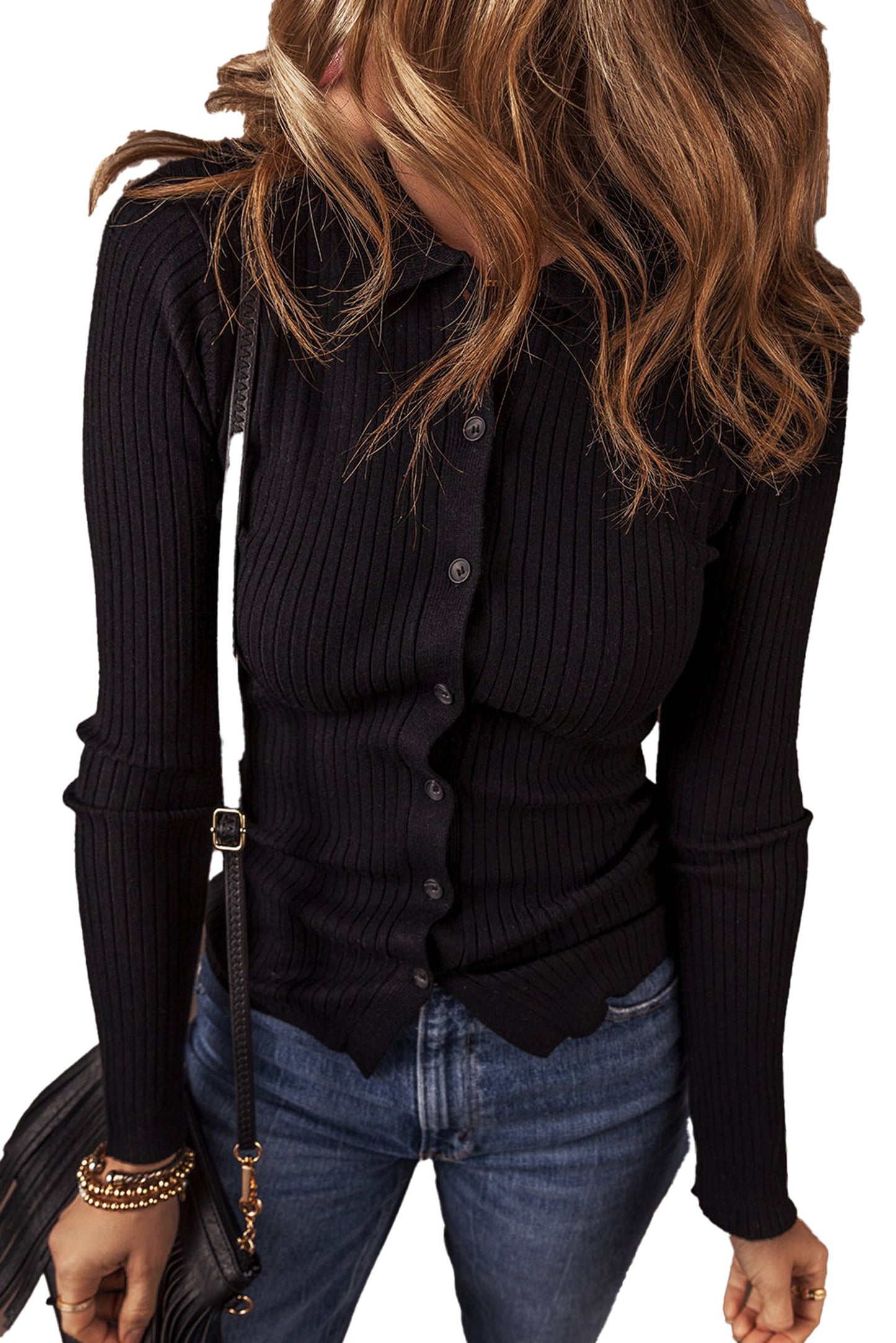Black Ribbed Knit Cardigan For Chic Style