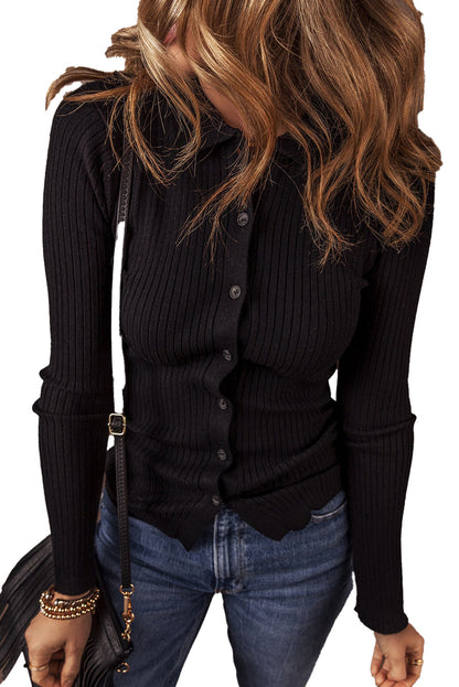 Black Ribbed Knit Cardigan For Chic Style