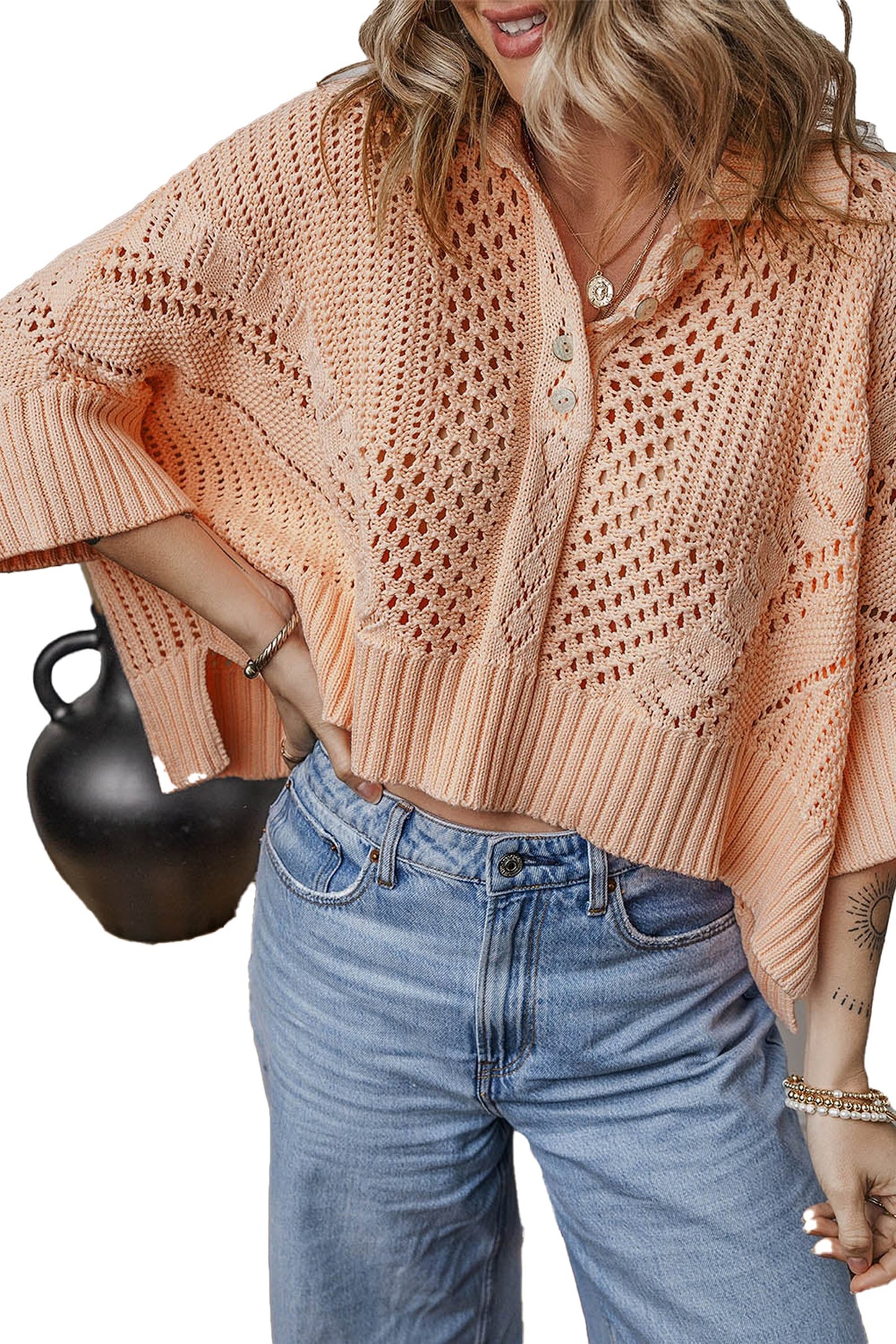 Apricot Pink Hollow Knit Sweater Cardigan