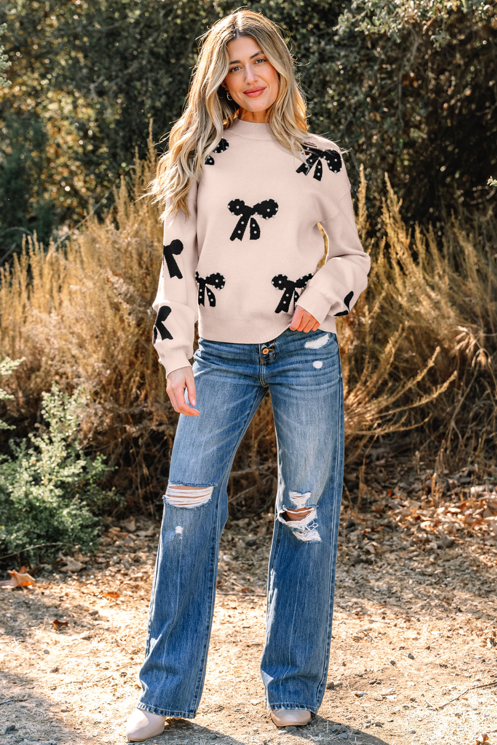 Pearl Embellished Bow Sweater For Chic Style