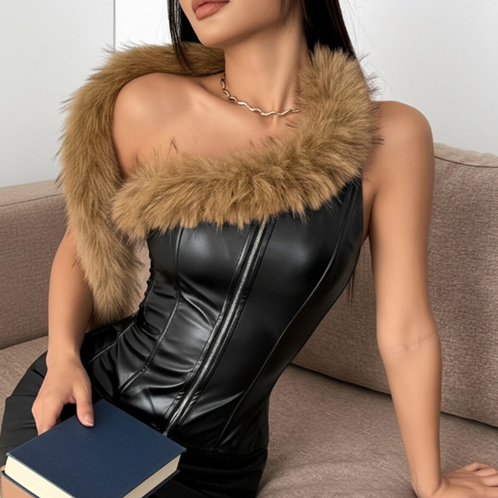 Corset Leather Dress with Faux Fur Trim