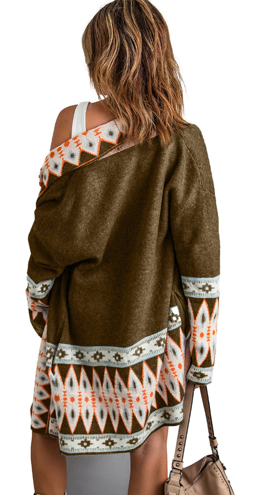 Brown Aztec Print Cardigan For Trendy Styles