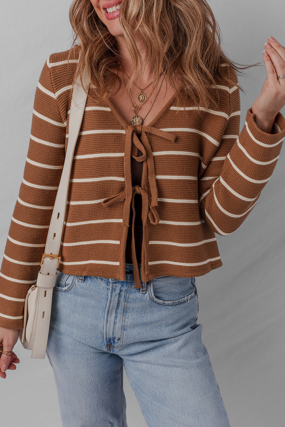 Chestnut Striped Tie Front Cardigan