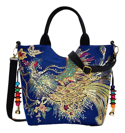 Wo's Embroidered Satchel Bag - Retro Double Handle Handbag with
