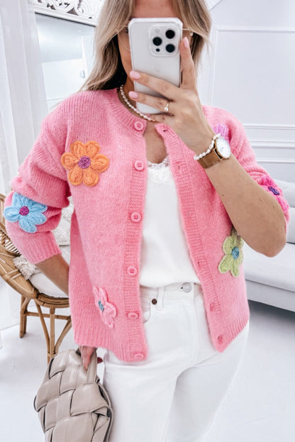 Pink Floral Knit Cardigan For Trendy Looks