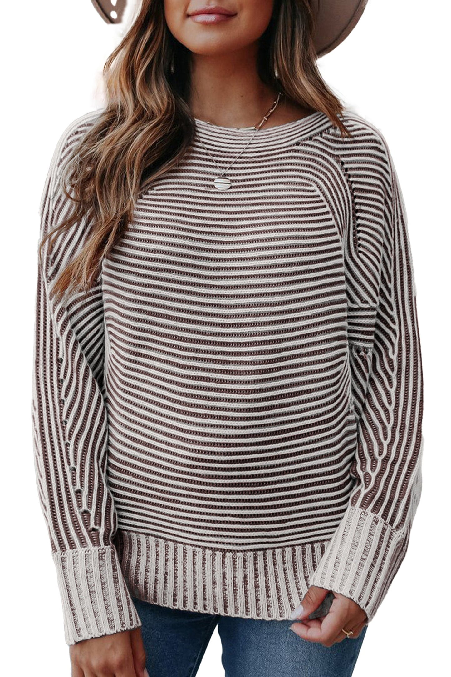 Blue Striped Knit Boat Neck Sweater