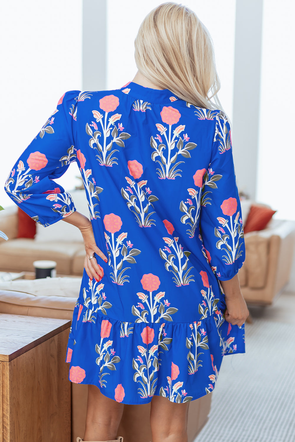 Blue Floral Print Dress Ruffle Hem