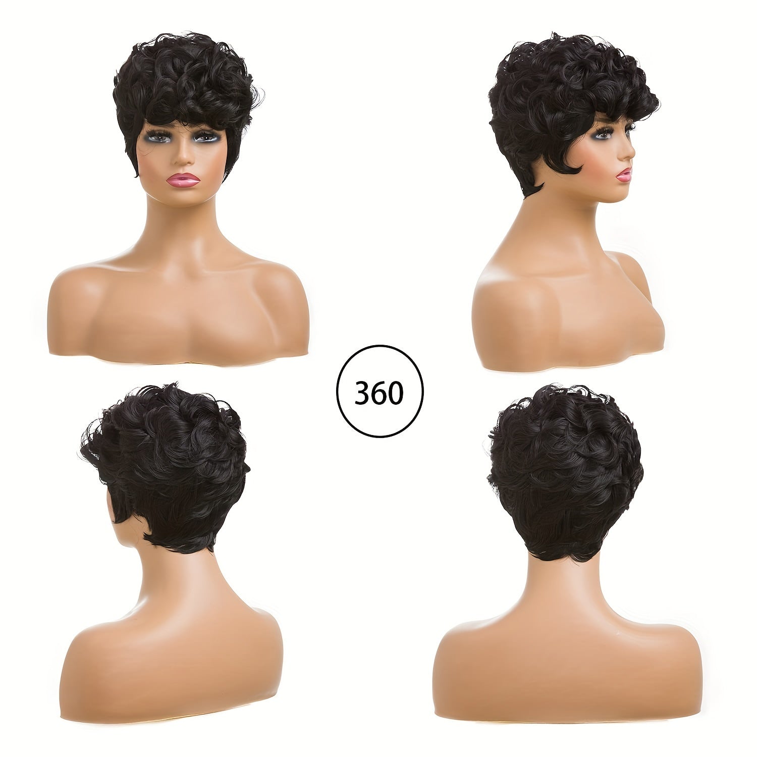 Short curly pixie cut wig displayed from multiple angles on a mannequin head