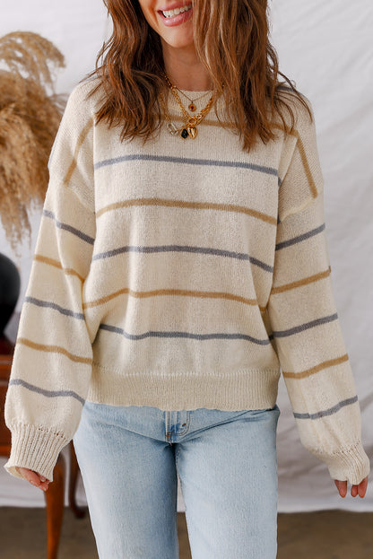 Brown Stripe Drop Shoulder Sweater