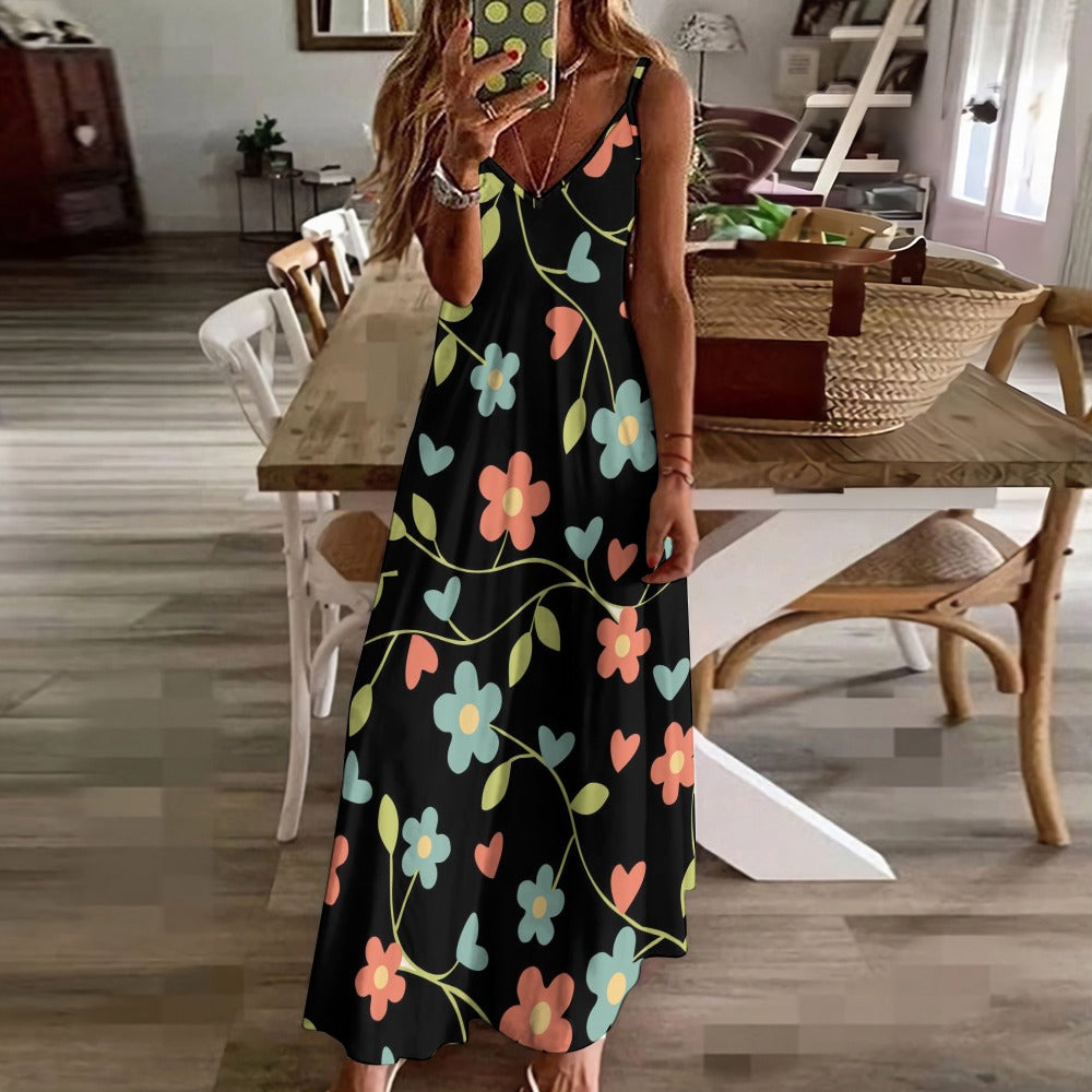 Sling Ankle Long Dress Black Floral Print Women'S Dress