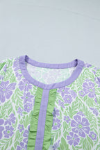 Sky Blue Floral Print Ruffled Color Block Trim Half Sleeve Blouse