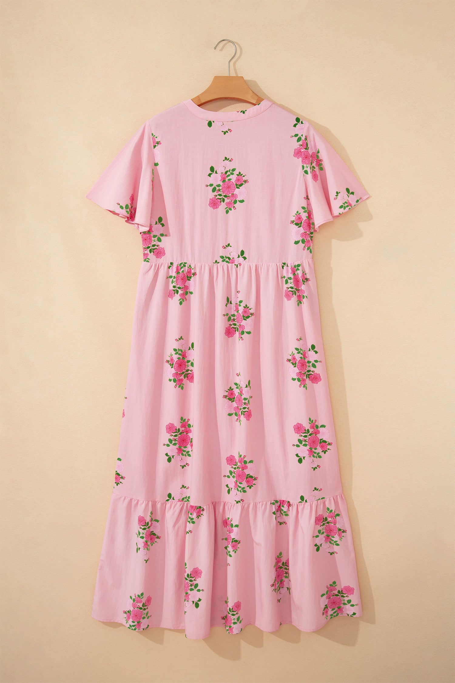 Sky Blue Notched Neck Flutter Short Sleeve Floral Print Maxi Dress