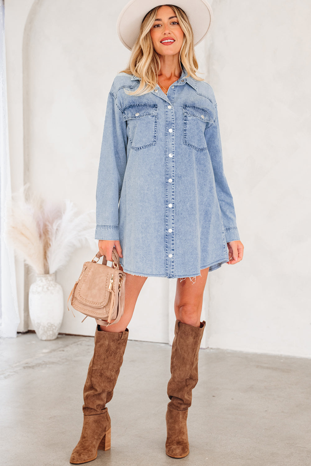 Oversized Denim Shirt Dress With Pockets