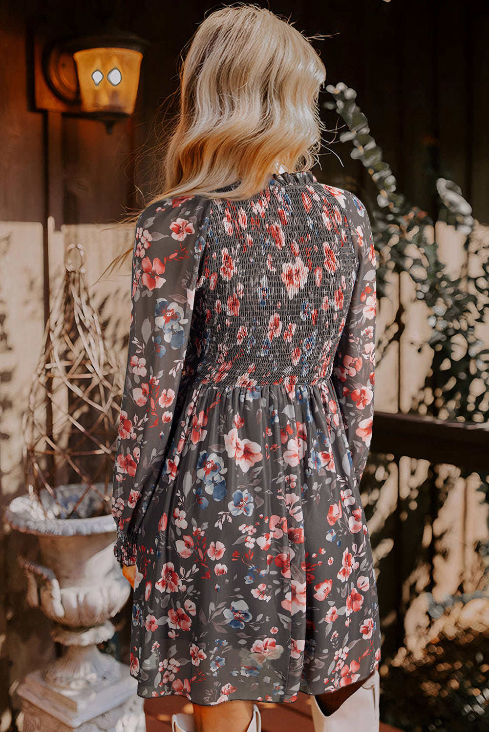 Brown Floral Mesh Mini Dress Smocked V-Neck