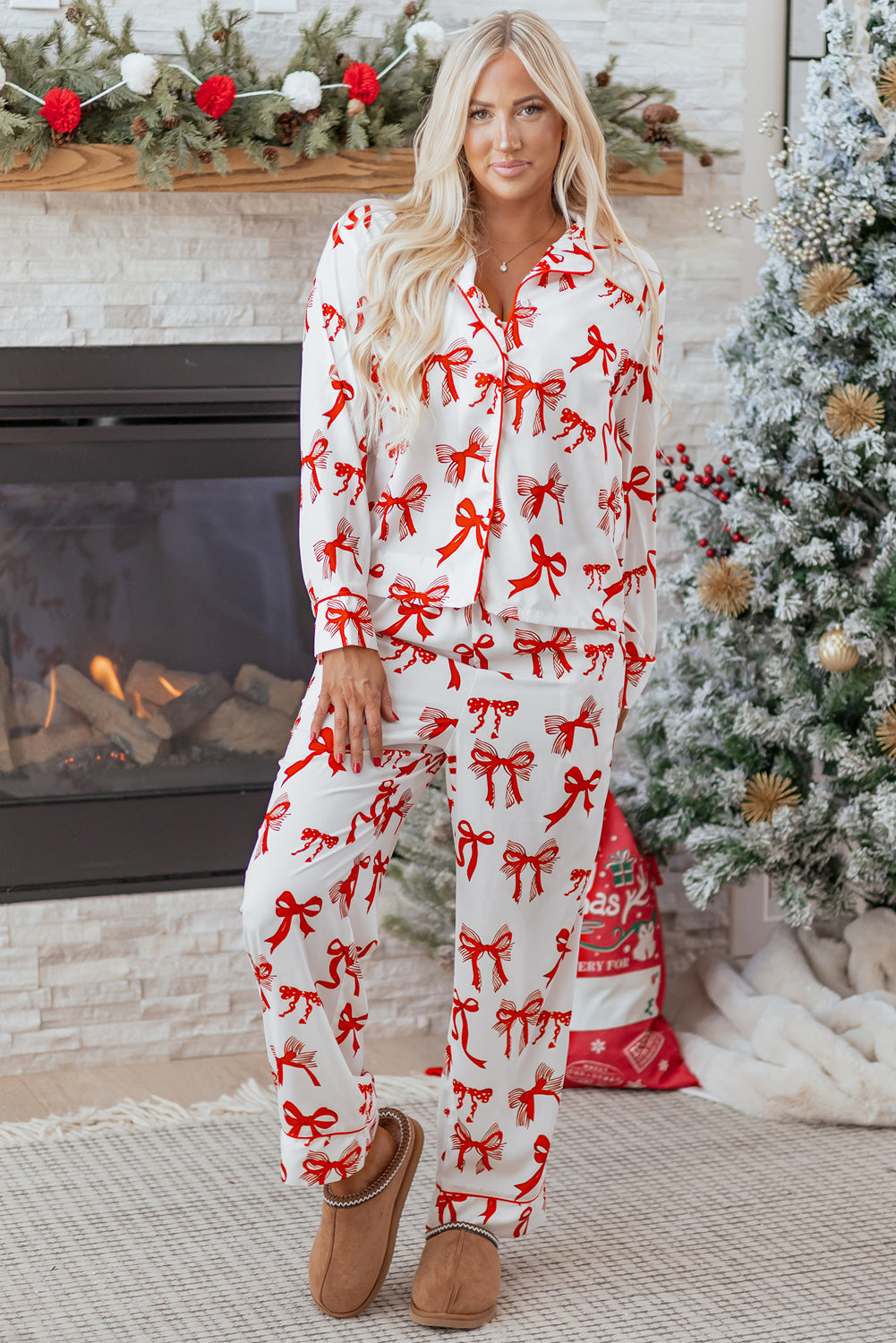Red Christmas Bow Pajama Set For Women