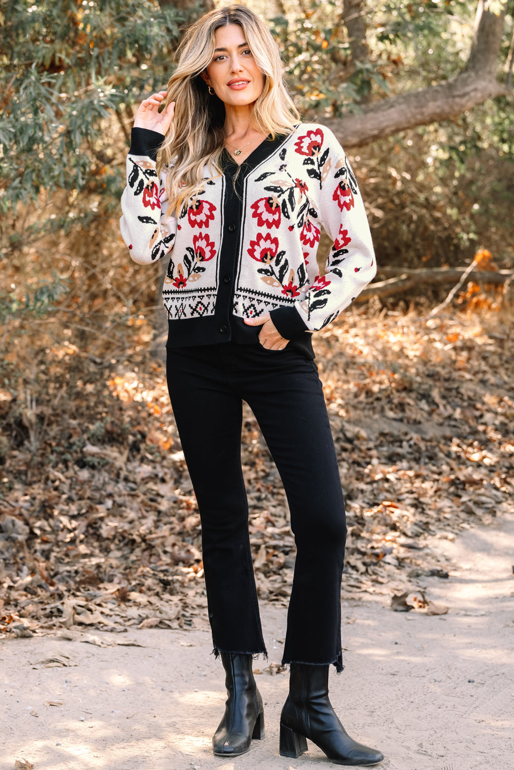 Dear-Lover Beige Floral Knit Cardigan For Chic Style