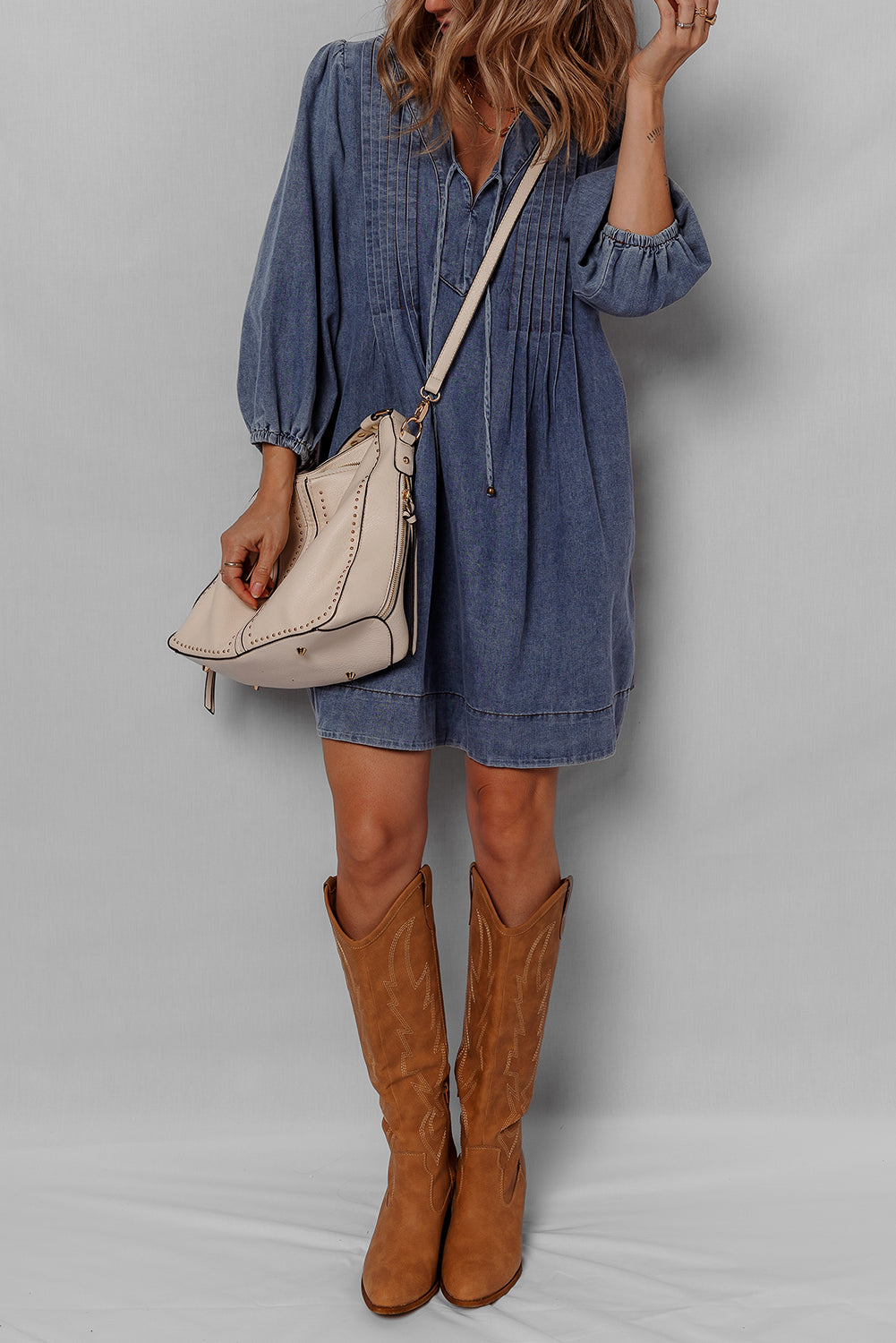 Denim Mini Dress With Tie Neck Long Sleeve