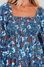Blue Floral Smocked Dress Puff Sleeve Mini