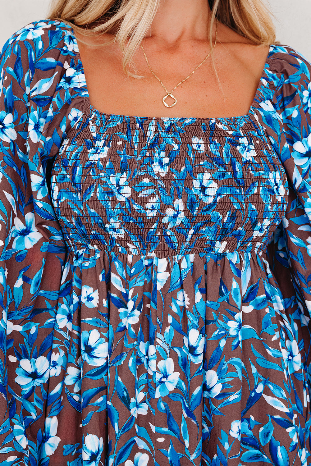 Blue Floral Smocked Dress Puff Sleeve Mini