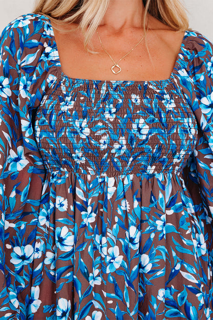 Blue Floral Smocked Dress Puff Sleeve Mini