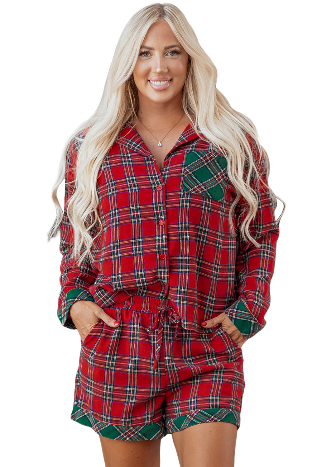 Red Plaid Christmas Pajamas Set For Women