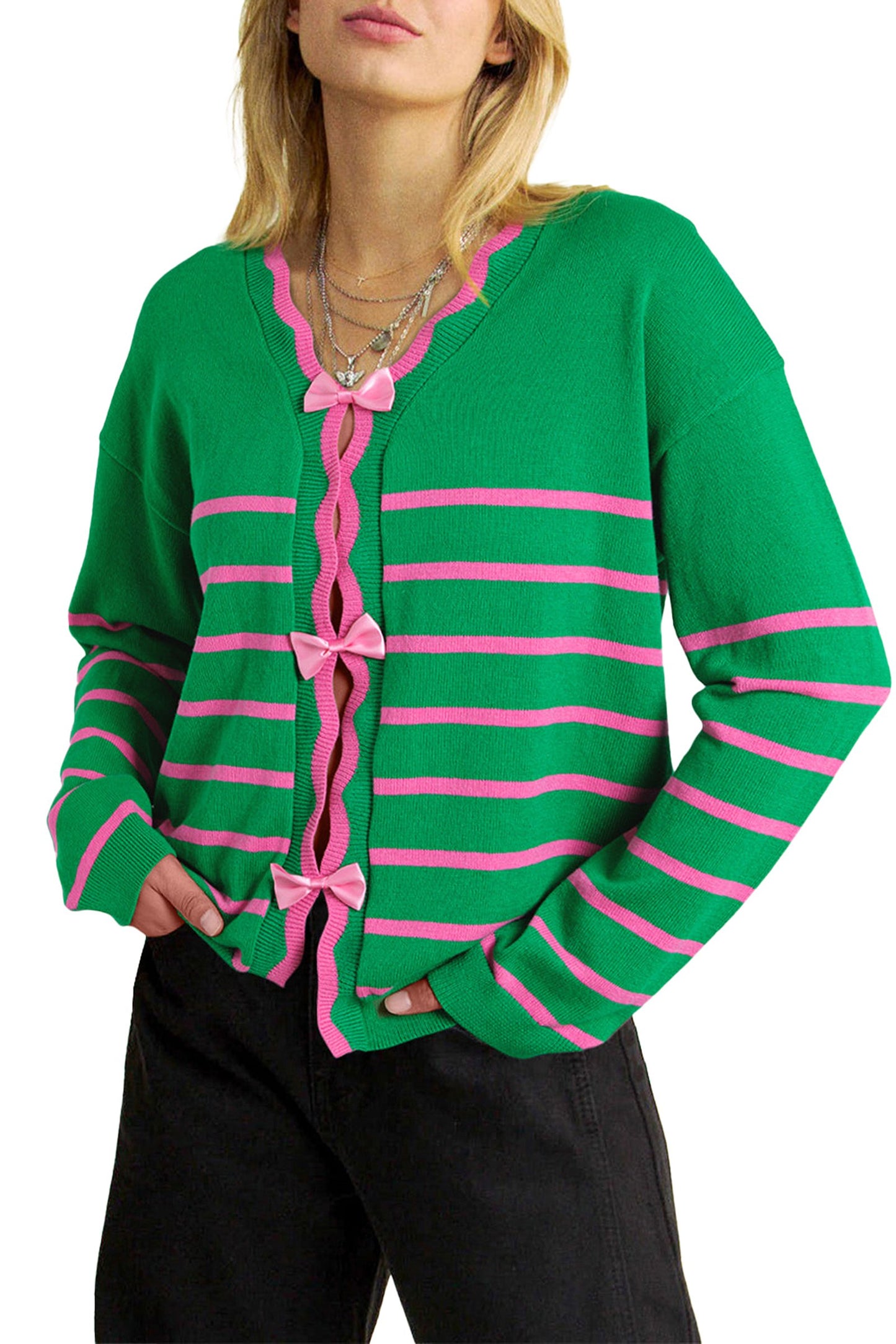 Green Stripe Bow Sweater Cardigan