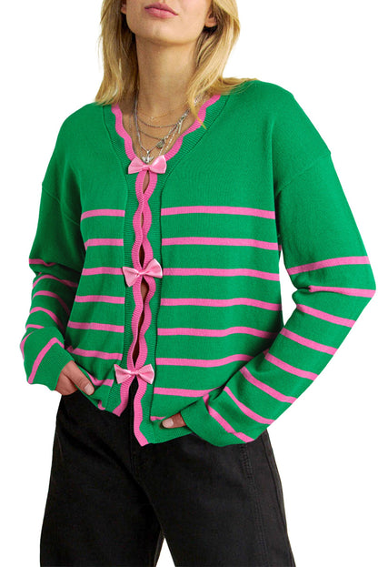 Green Stripe Bow Sweater Cardigan