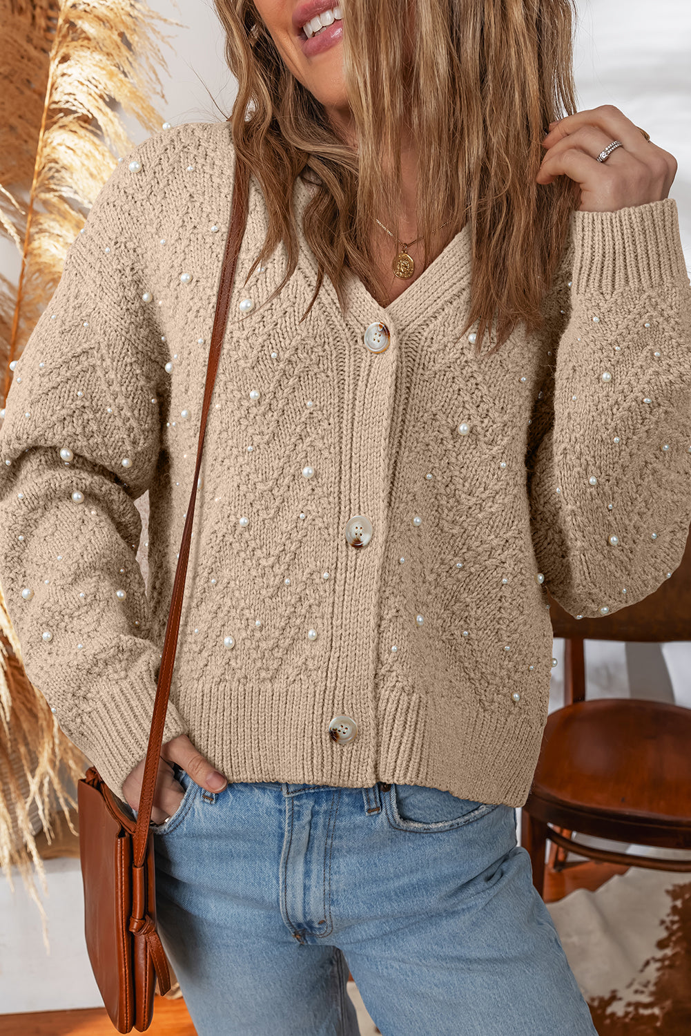 Pearl Embellished Cardigan For Stylish Comfort