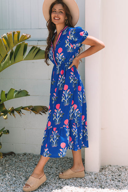 Sky Blue Floral Maxi Dress Tiered V-Neck