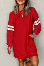 Red Varsity Sweatshirt Dress Cozy Pocketed Mini