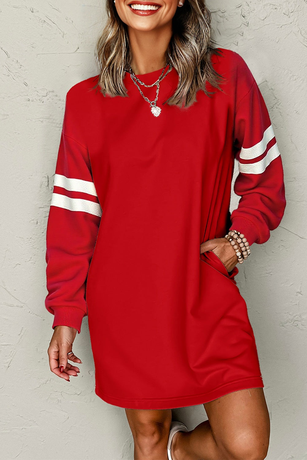 Red Varsity Sweatshirt Dress Cozy Pocketed Mini