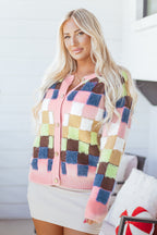 Multicolor Checkered Cardigan Sweater