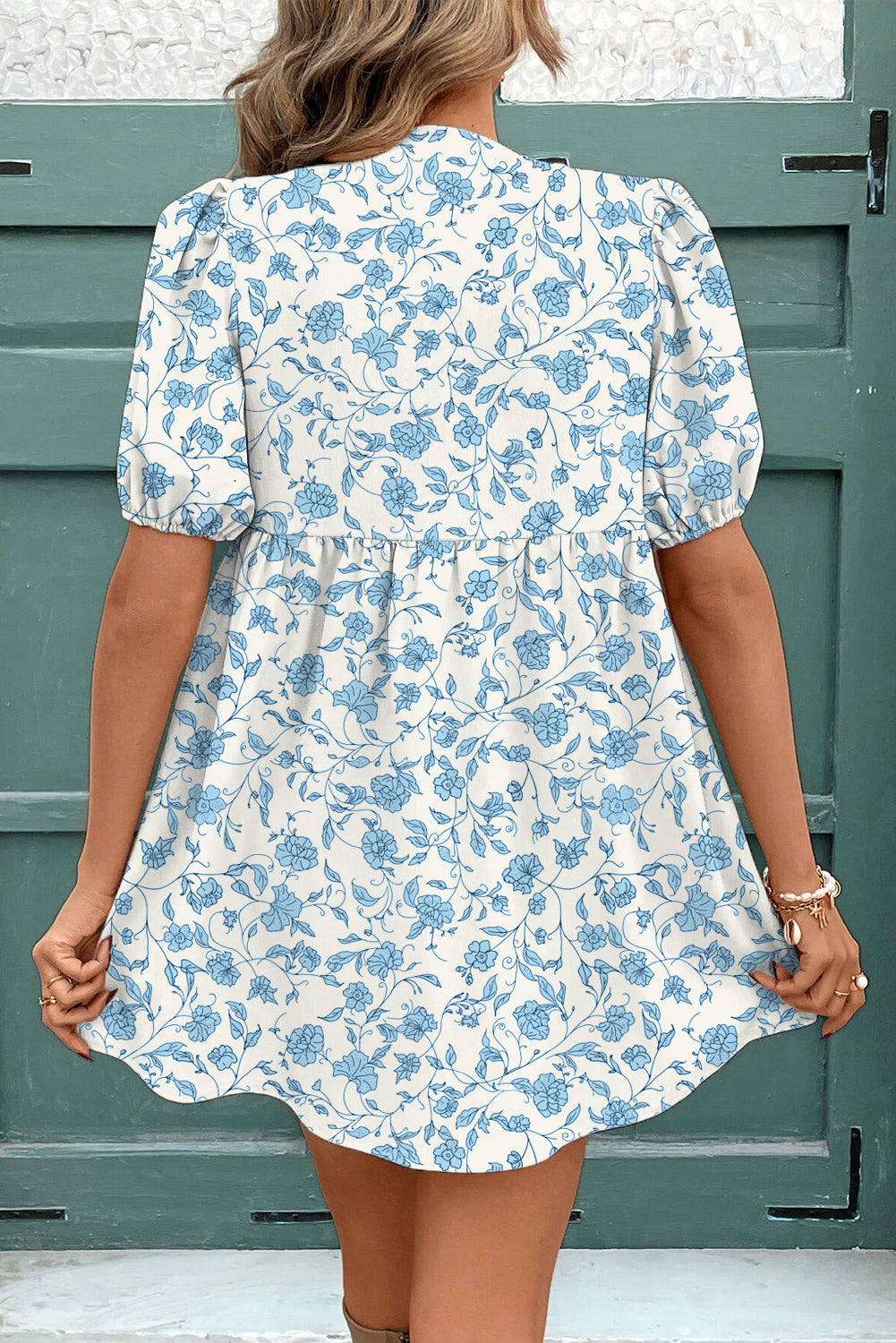 Sky Blue Leopard Mini Dress Puff-Sleeve Bow