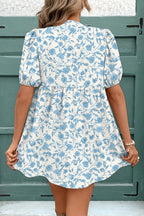 Sky Blue Leopard Mini Dress Puff-Sleeve Bow