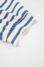Blue Stripe Short Puff Sleeve Color Block Polo Collar Blouse