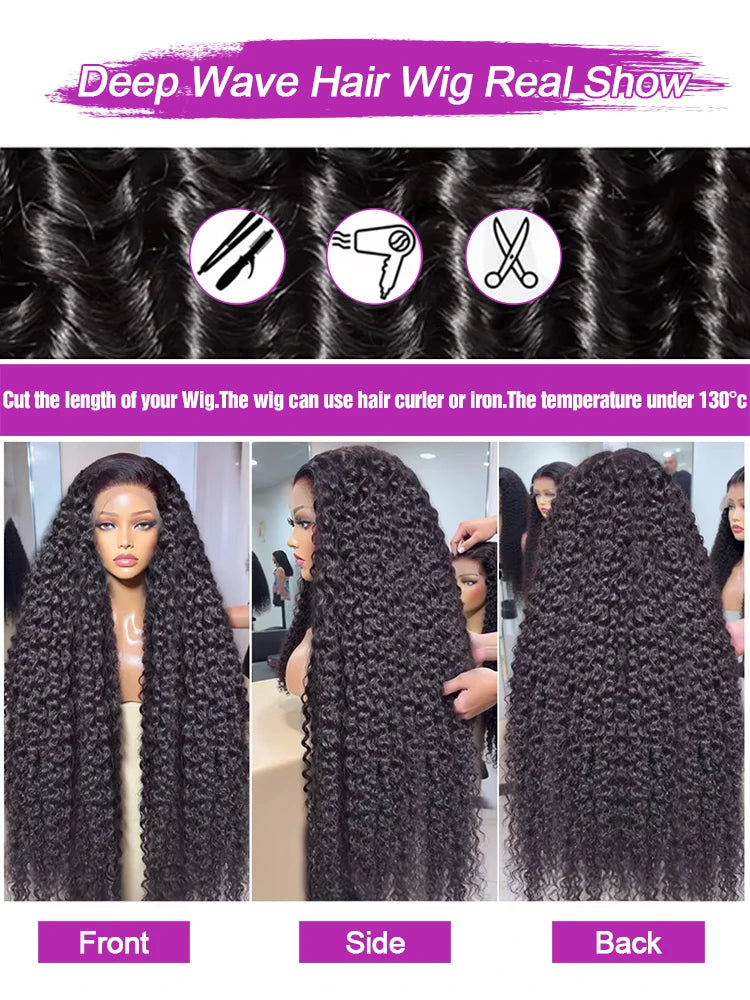 40 inch water wave lace front wig displayed in front, side, and back views showcasing its deep wave texture