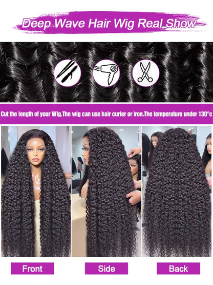 40 inch water wave lace front wig displayed in front, side, and back views showcasing its deep wave texture