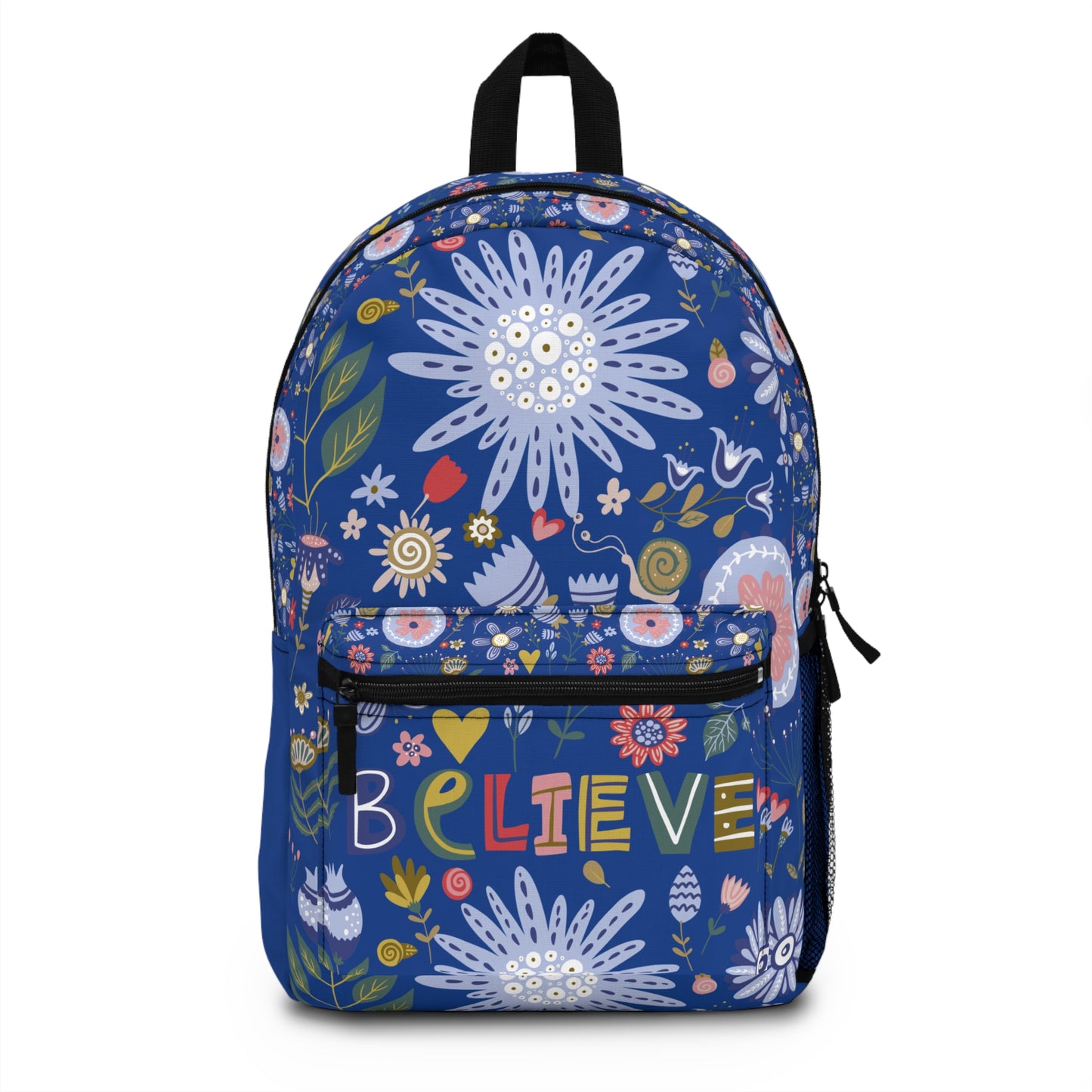 LuckeLadybug custom design backpack with colorful floral pattern and motivational text for students