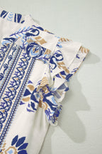 Blue Boho Floral Printed Split Neck Ruffled Sleeve Mini Dress