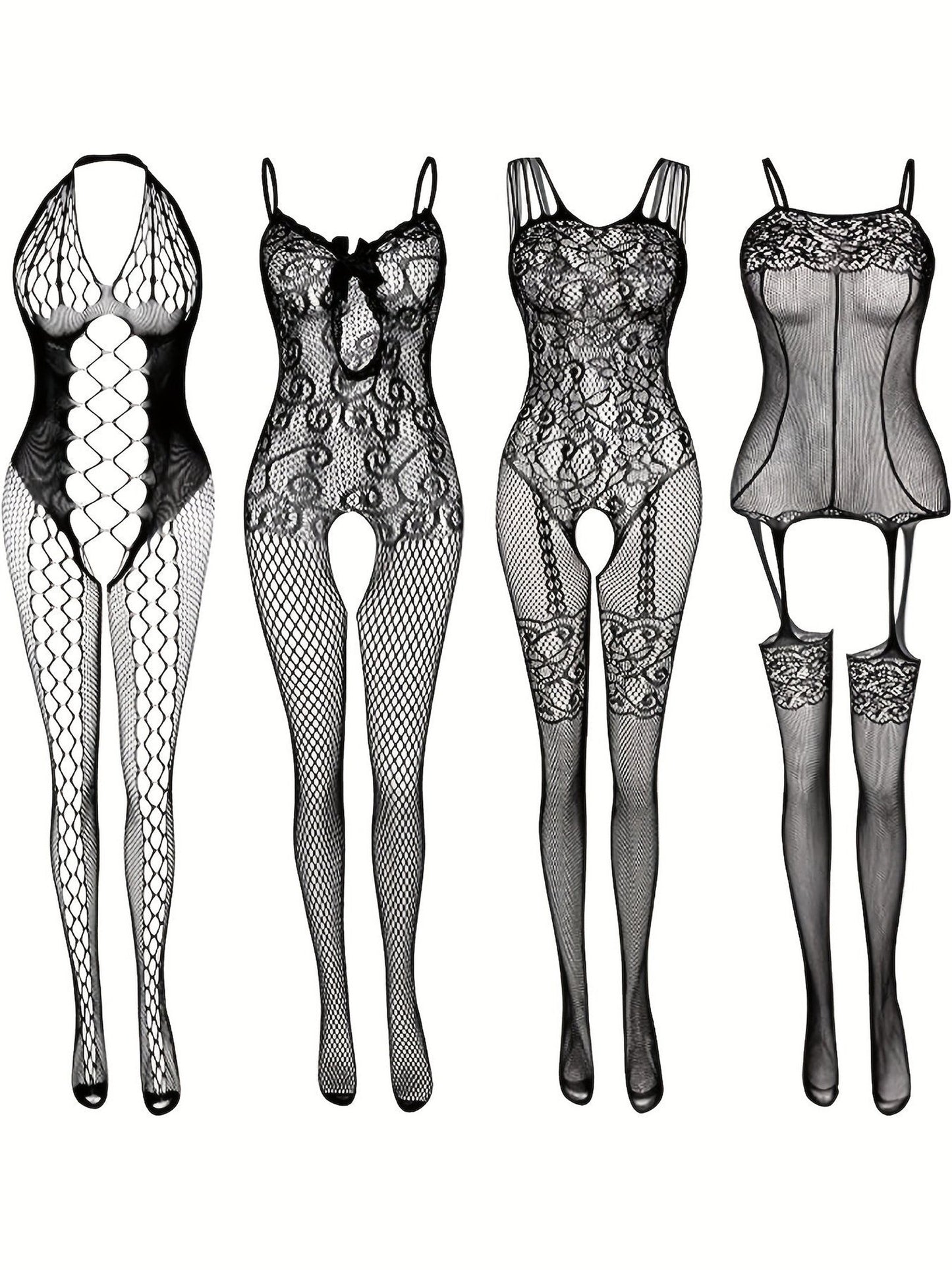 4-Pack Fishnet Bodystocking Set with Jacquard Design & Open Crotch
