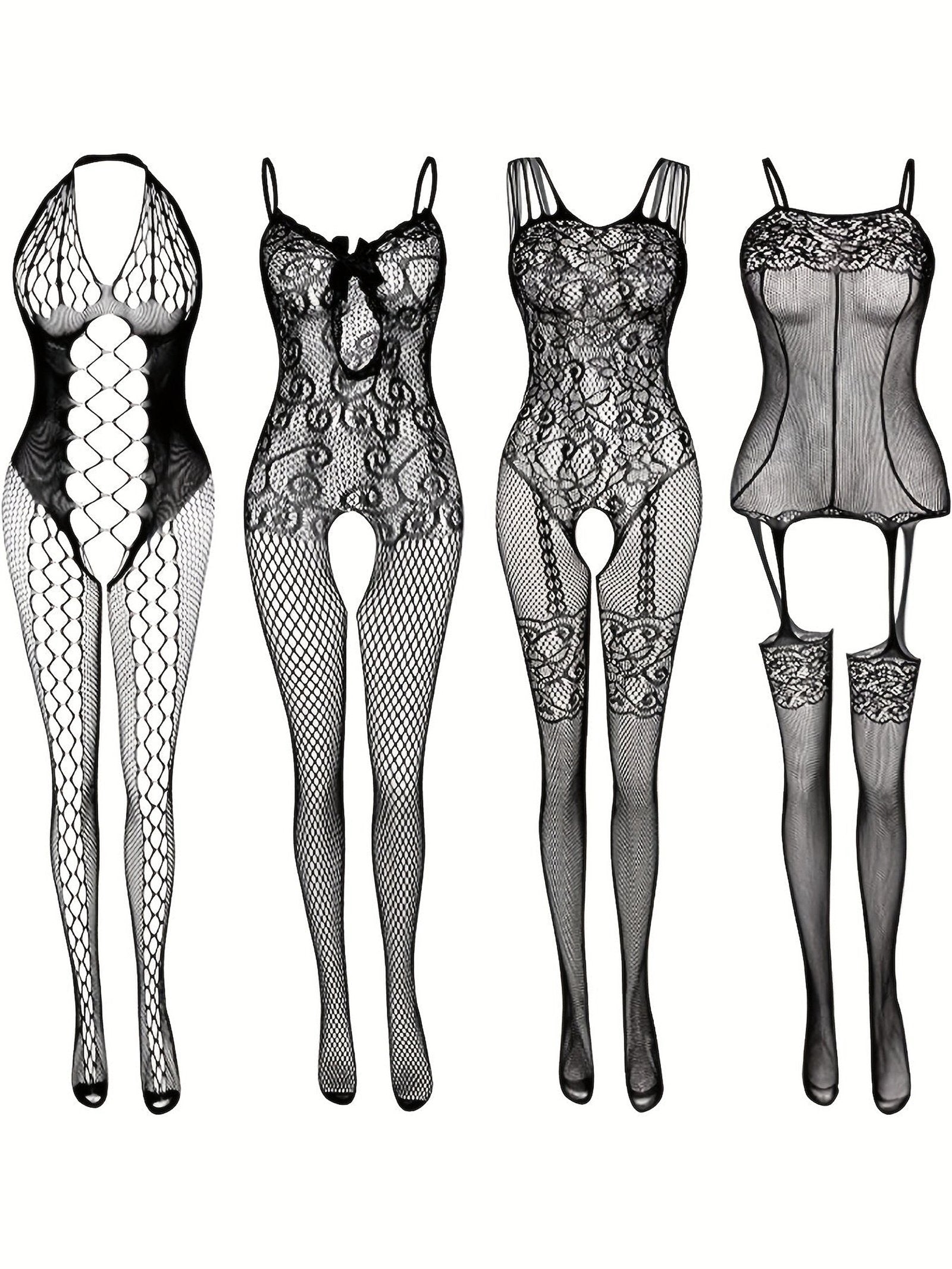 4-Pack Fishnet Bodystocking Set with Jacquard Design & Open Crotch
