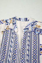 Blue Boho Floral Printed Split Neck Ruffled Sleeve Mini Dress