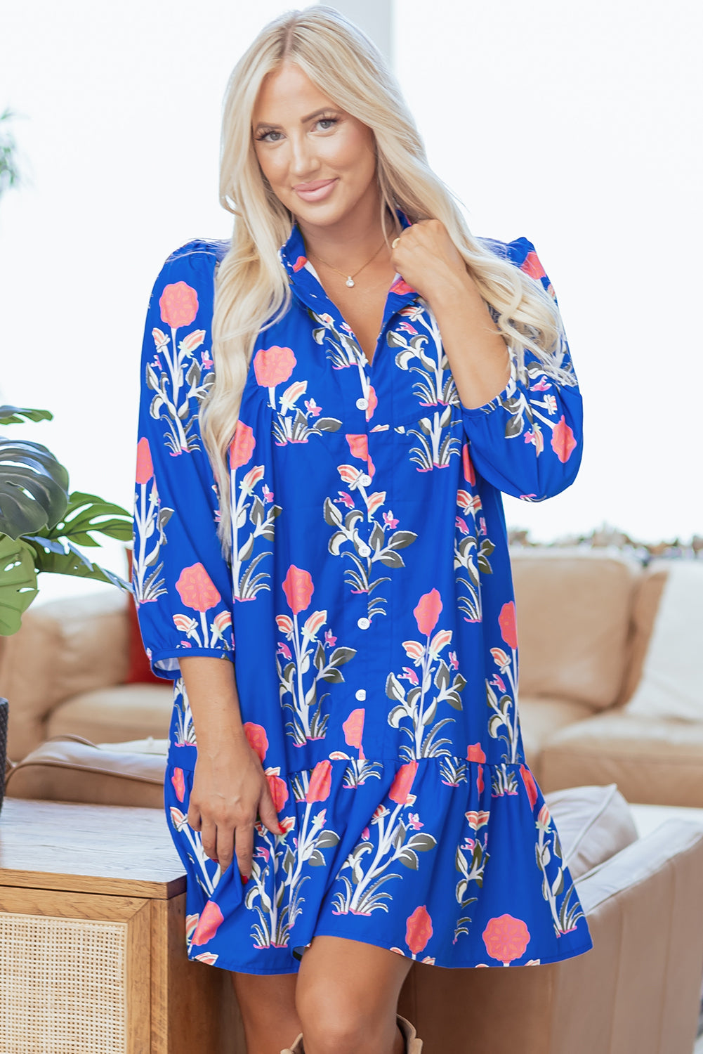 Blue Floral Print Dress Ruffle Hem