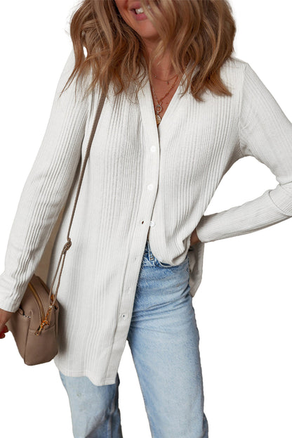 White Ribbed Button Up Tunic Cardigan