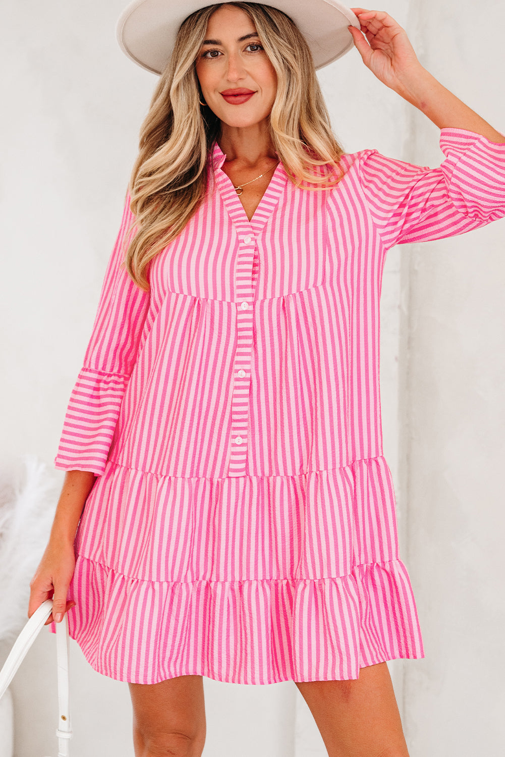 Pink Stripe Flare Sleeve Mini Dress Ruffle